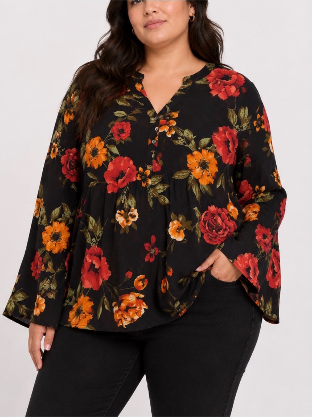 Floral Button-Front Peasant Blouse in Black with Red & Orange Blooms